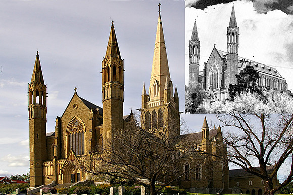 Brian Walters - Sacred Heart Cathedral, Bendigo, Victoria. The "Now' image taken in 2003. The 'Then'insert is by Frank Hurley in about 1955 - This image is out ofcopyright.